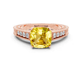 Rose gold Cushion Cut Yellow Sapphire Ring with Milgrain Pavé Band and Four-Prong Setting_36