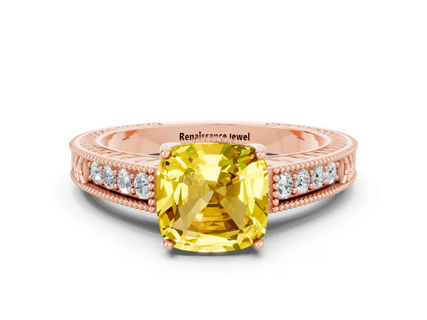 Rose gold Cushion Cut Yellow Sapphire Ring with Milgrain Pavé Band and Four-Prong Setting