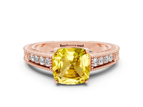 Rose gold Cushion Cut Yellow Sapphire Ring with Milgrain Pavé Band and Four-Prong Setting_36