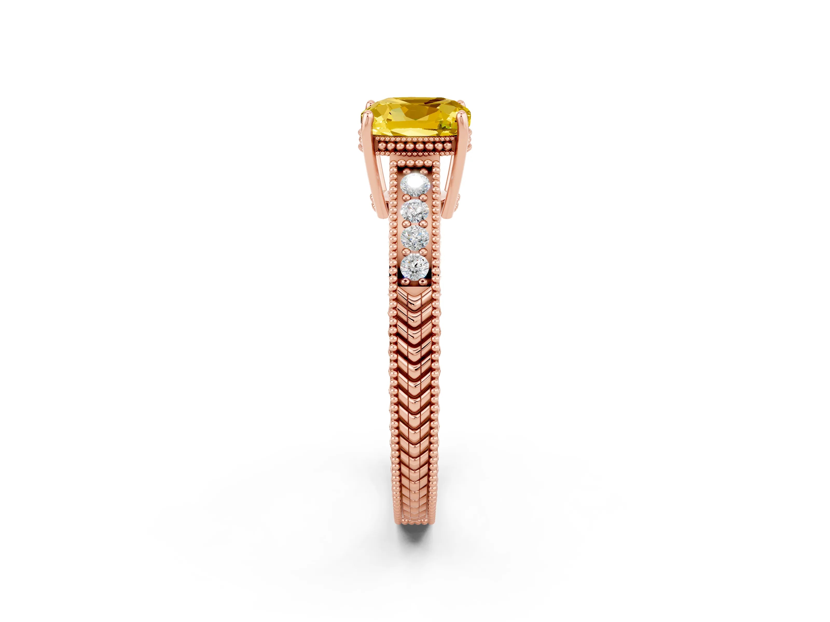 Rose gold Cushion Cut Yellow Sapphire Ring with Milgrain Pavé Band and Four-Prong Setting_38