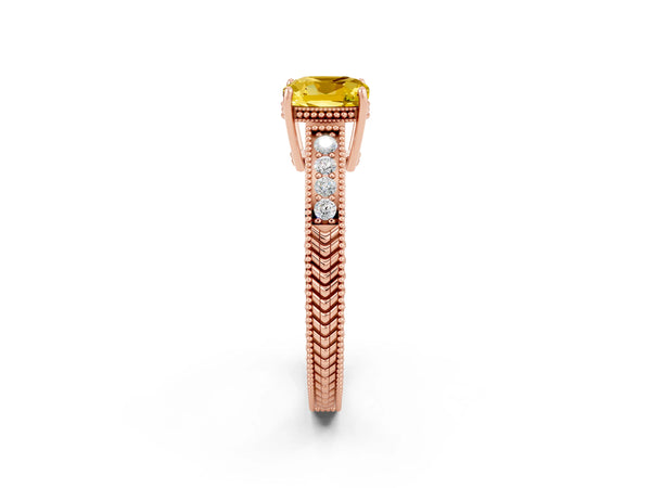Rose gold Cushion Cut Yellow Sapphire Ring with Milgrain Pavé Band and Four-Prong Setting