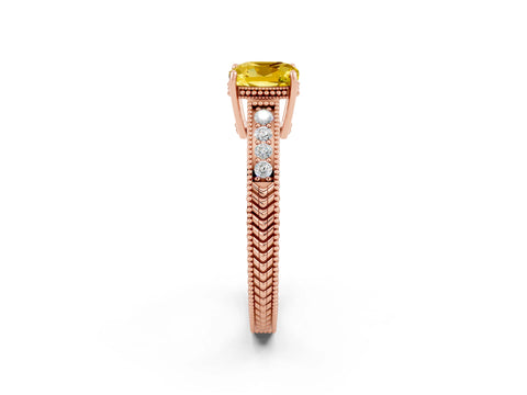 Rose gold Cushion Cut Yellow Sapphire Ring with Milgrain Pavé Band and Four-Prong Setting_38