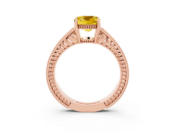 Rose gold Cushion Cut Yellow Sapphire Ring with Milgrain Pavé Band and Four-Prong Setting