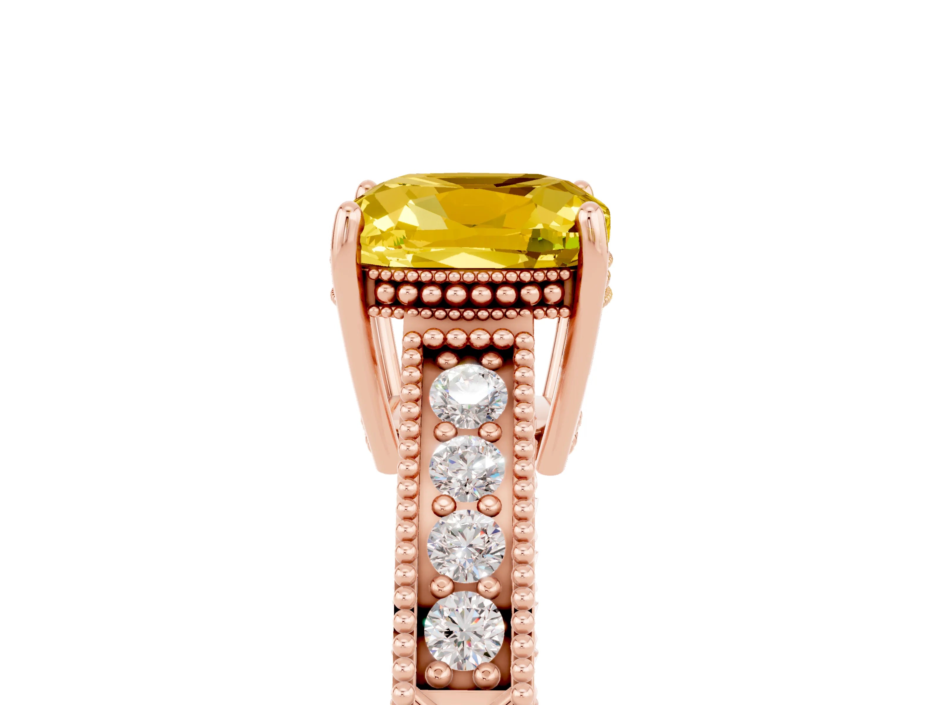 Rose gold Cushion Cut Yellow Sapphire Ring with Milgrain Pavé Band and Four-Prong Setting_41