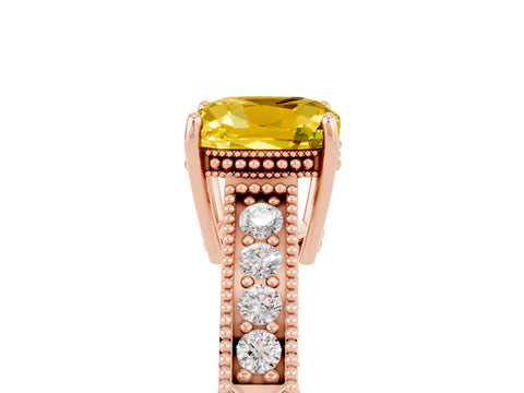 Rose gold Cushion Cut Yellow Sapphire Ring with Milgrain Pavé Band and Four-Prong Setting_41
