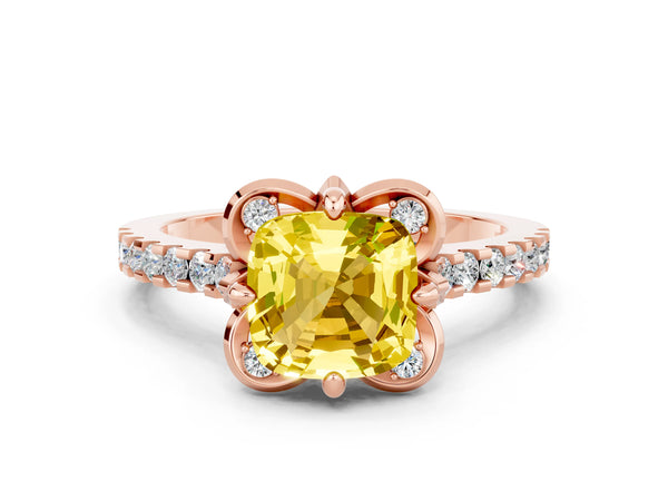 Rose gold Cushion Cut Yellow Sapphire Ring with Pavé Band and Floral Prong Setting