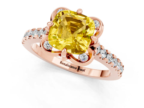 Rose gold Cushion Cut Yellow Sapphire Ring with Pavé Band and Floral Prong Setting_1