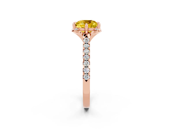Rose gold Cushion Cut Yellow Sapphire Ring with Pavé Band and Floral Prong Setting