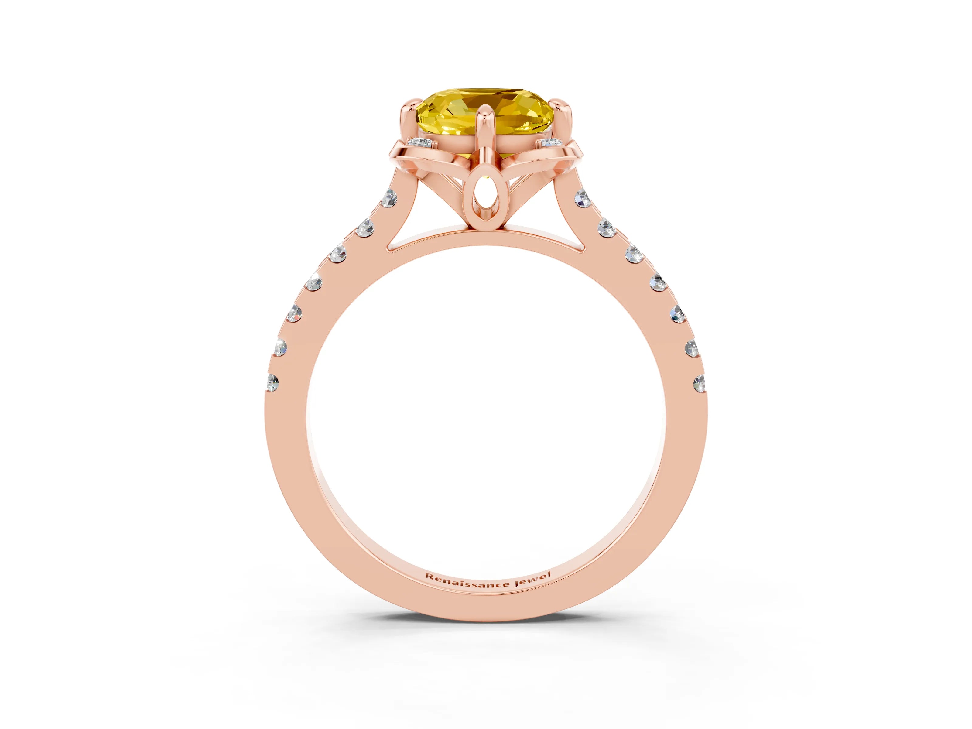 Rose gold Cushion Cut Yellow Sapphire Ring with Pavé Band and Floral Prong Setting_3
