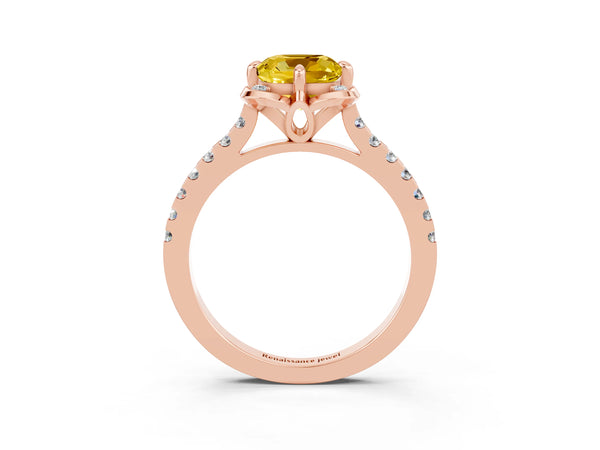 Rose gold Cushion Cut Yellow Sapphire Ring with Pavé Band and Floral Prong Setting