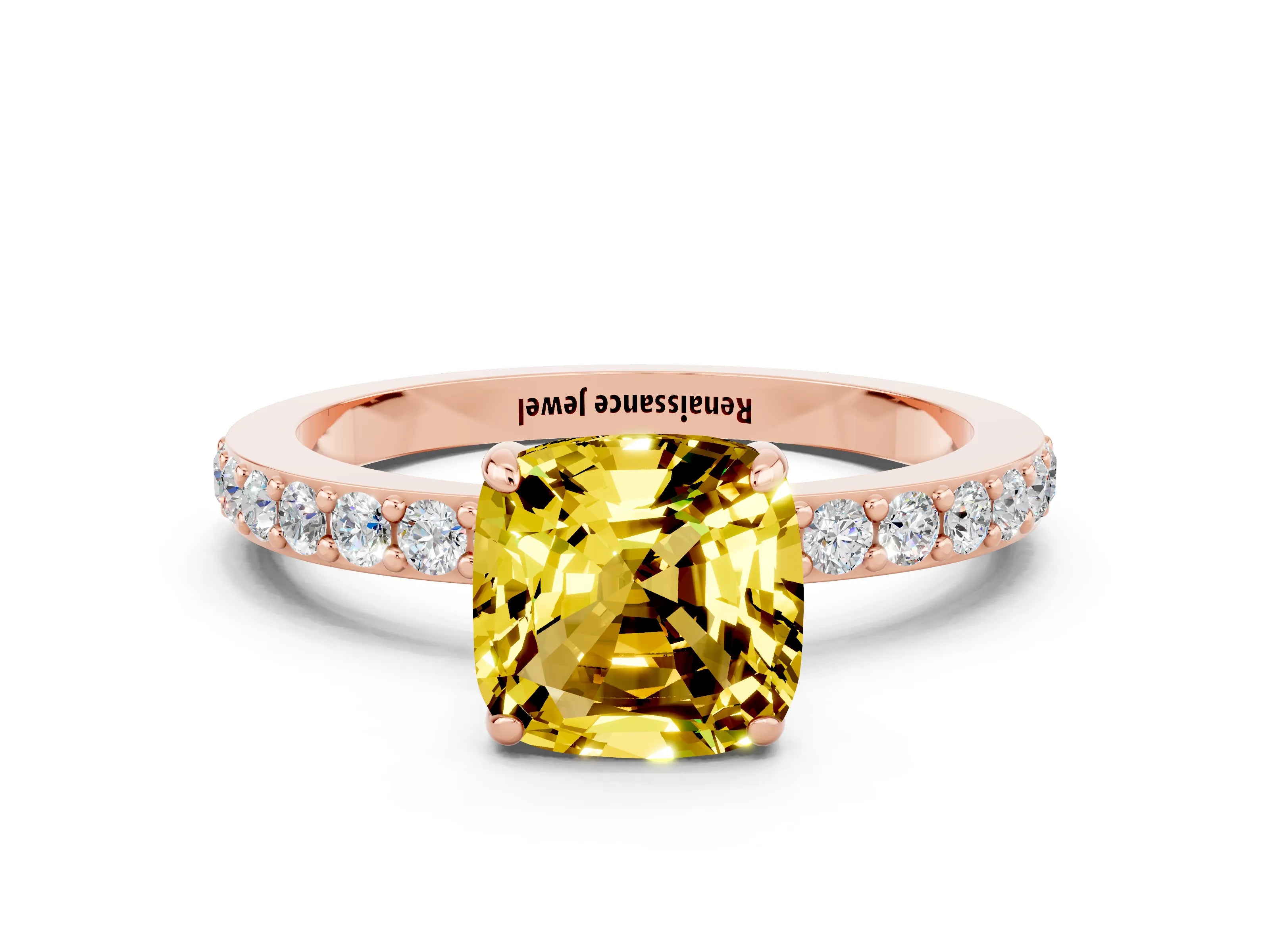 Rose gold Cushion Cut Yellow Sapphire Ring with Pavé Band and Four-Prong Setting_24