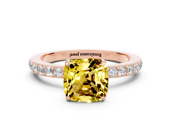 Rose gold Cushion Cut Yellow Sapphire Pavé Engagement Ring with Round  Accents and Prong Setting