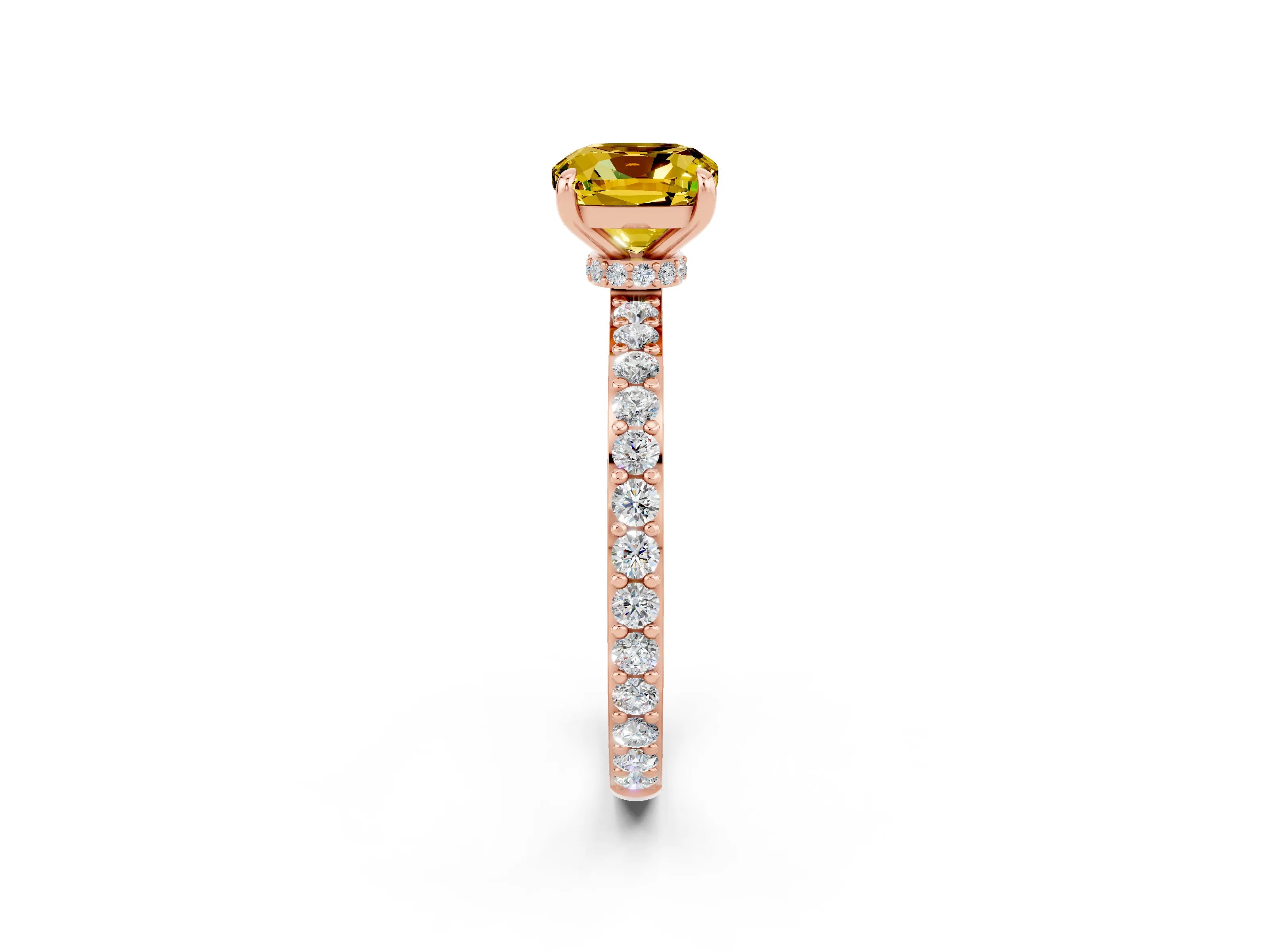 Rose gold Cushion Cut Yellow Sapphire Ring with Pavé Band and Four-Prong Setting_26