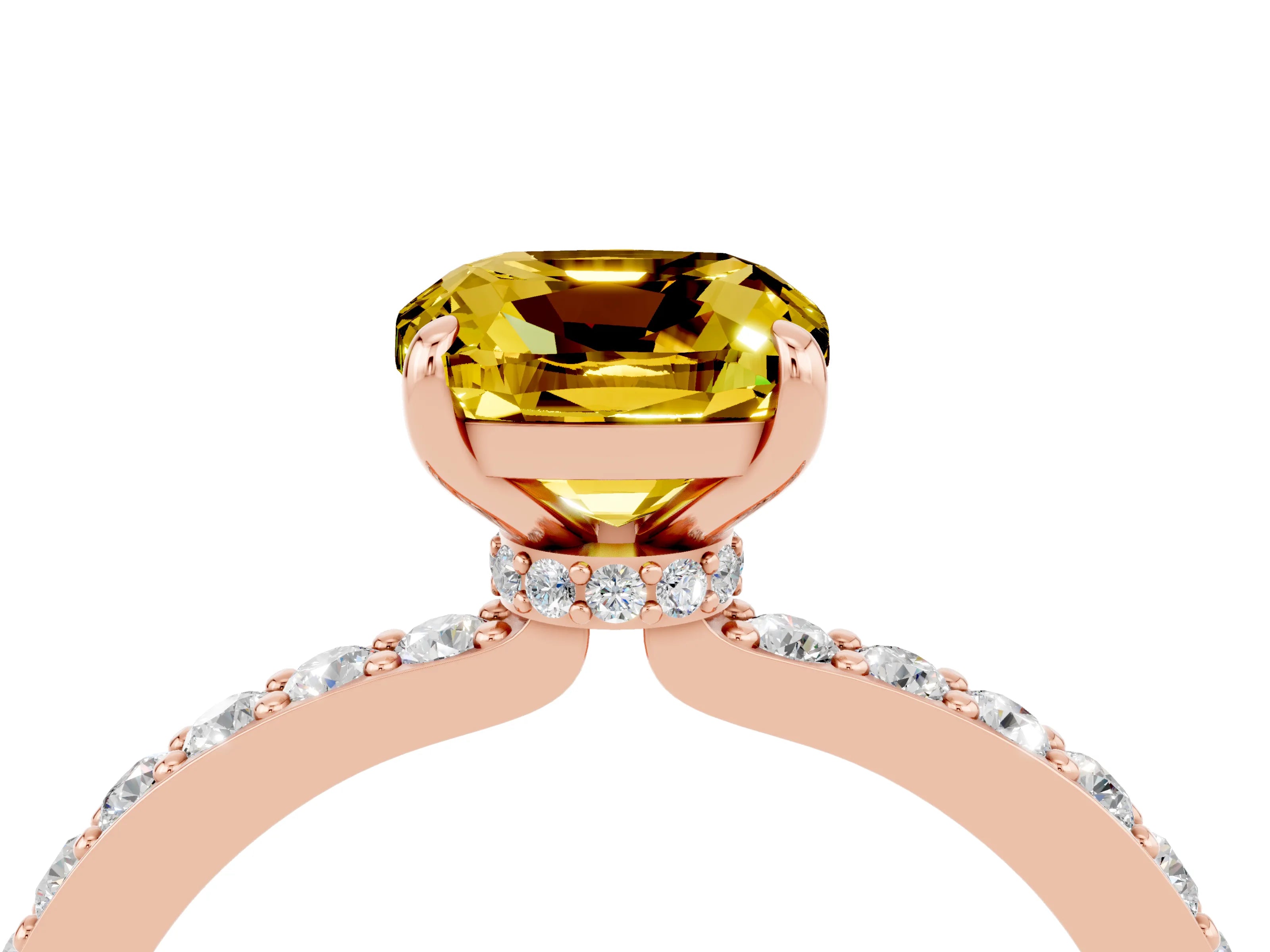 Rose gold Cushion Cut Yellow Sapphire Ring with Pavé Band and Four-Prong Setting_28