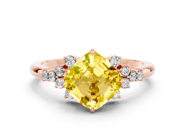 Rose gold Cushion Cut Yellow Sapphire Ring with Side Stones and Four-Prong Setting