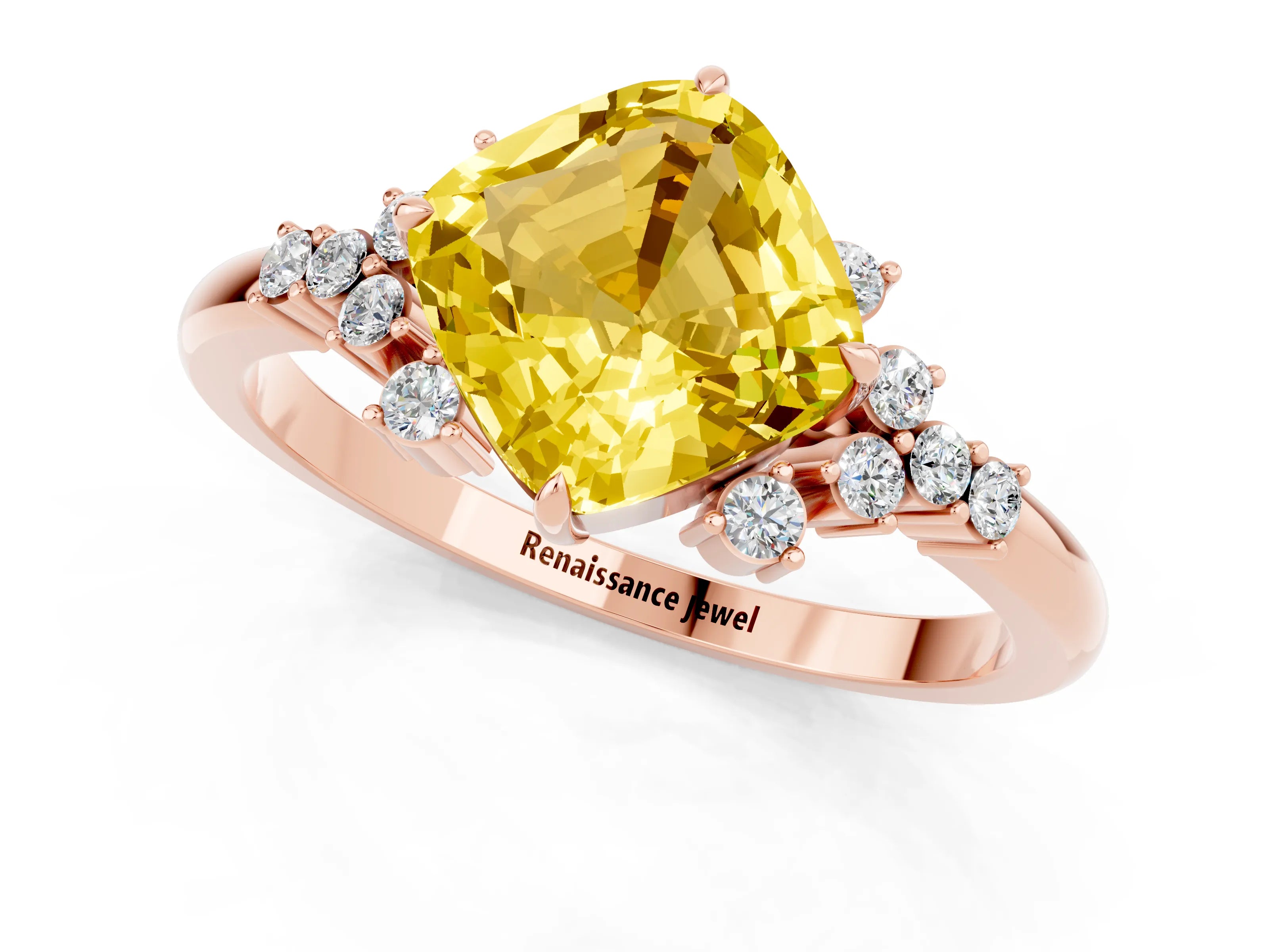 Rose gold Cushion Cut Yellow Sapphire Ring with Side Stones and Four-Prong Setting_61