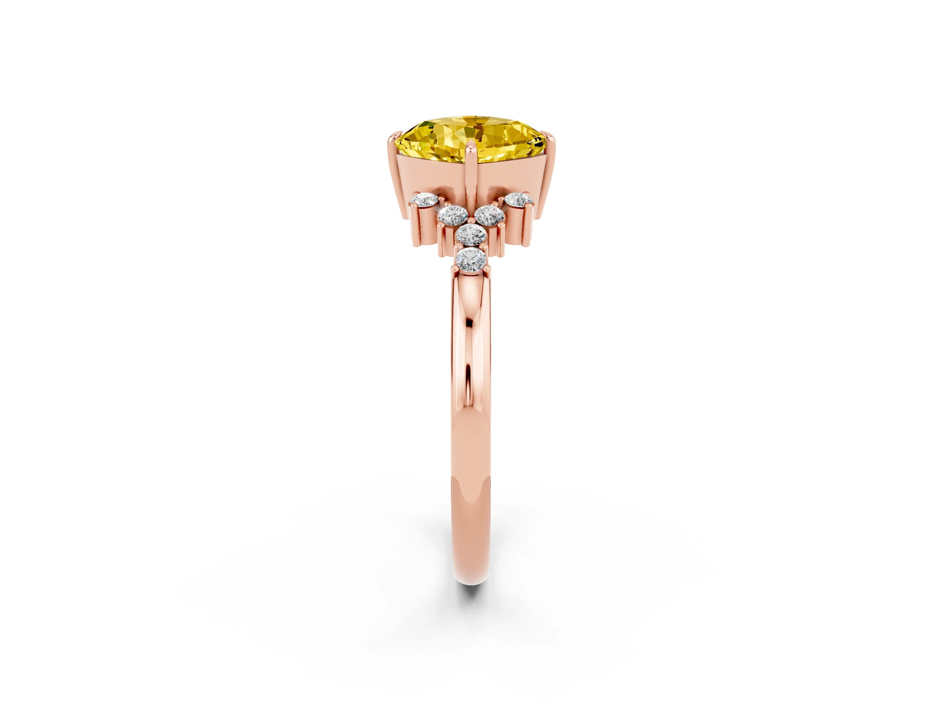 Rose gold Cushion Cut Yellow Sapphire Ring with Side Stones and Four-Prong Setting_62