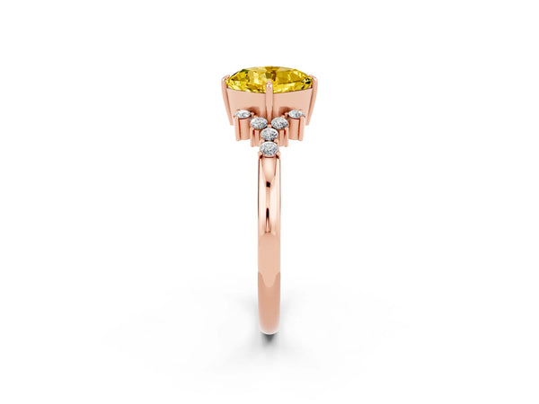 Rose gold Cushion Cut Yellow Sapphire Ring with Side Stones and Four-Prong Setting