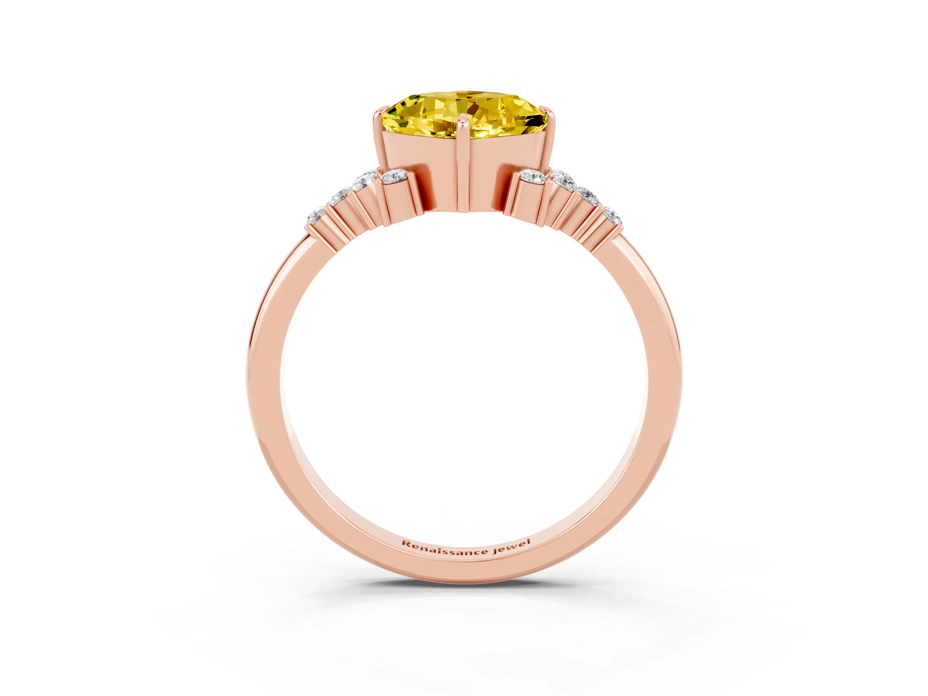 Rose gold Cushion Cut Yellow Sapphire Ring with Side Stones and Four-Prong Setting_63