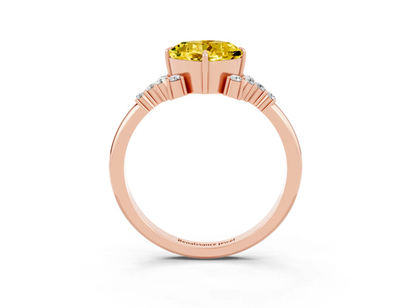 Rose gold Cushion Cut Yellow Sapphire Ring with Side Stones and Four-Prong Setting
