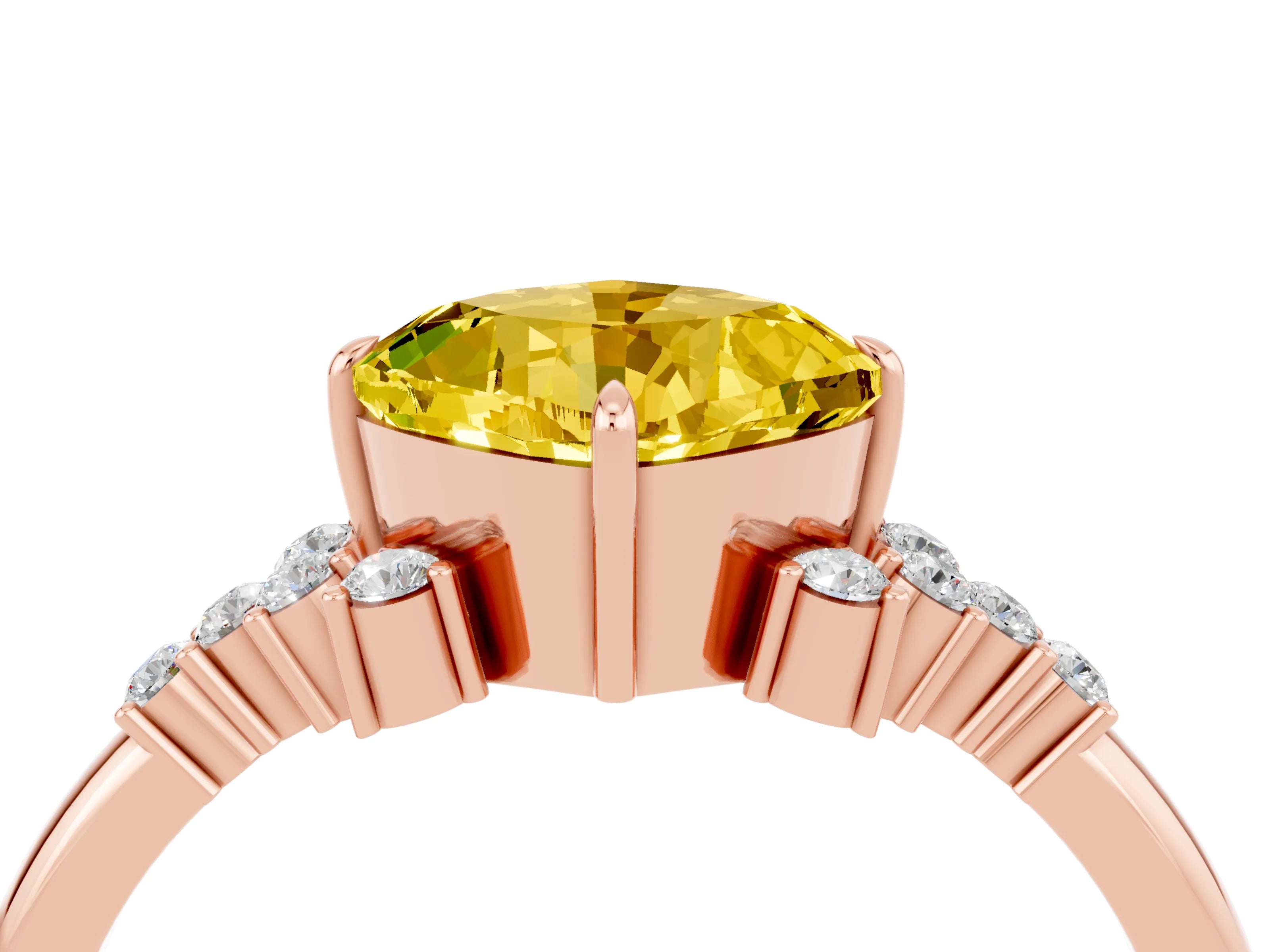 Rose gold Cushion Cut Yellow Sapphire Ring with Side Stones and Four-Prong Setting_64