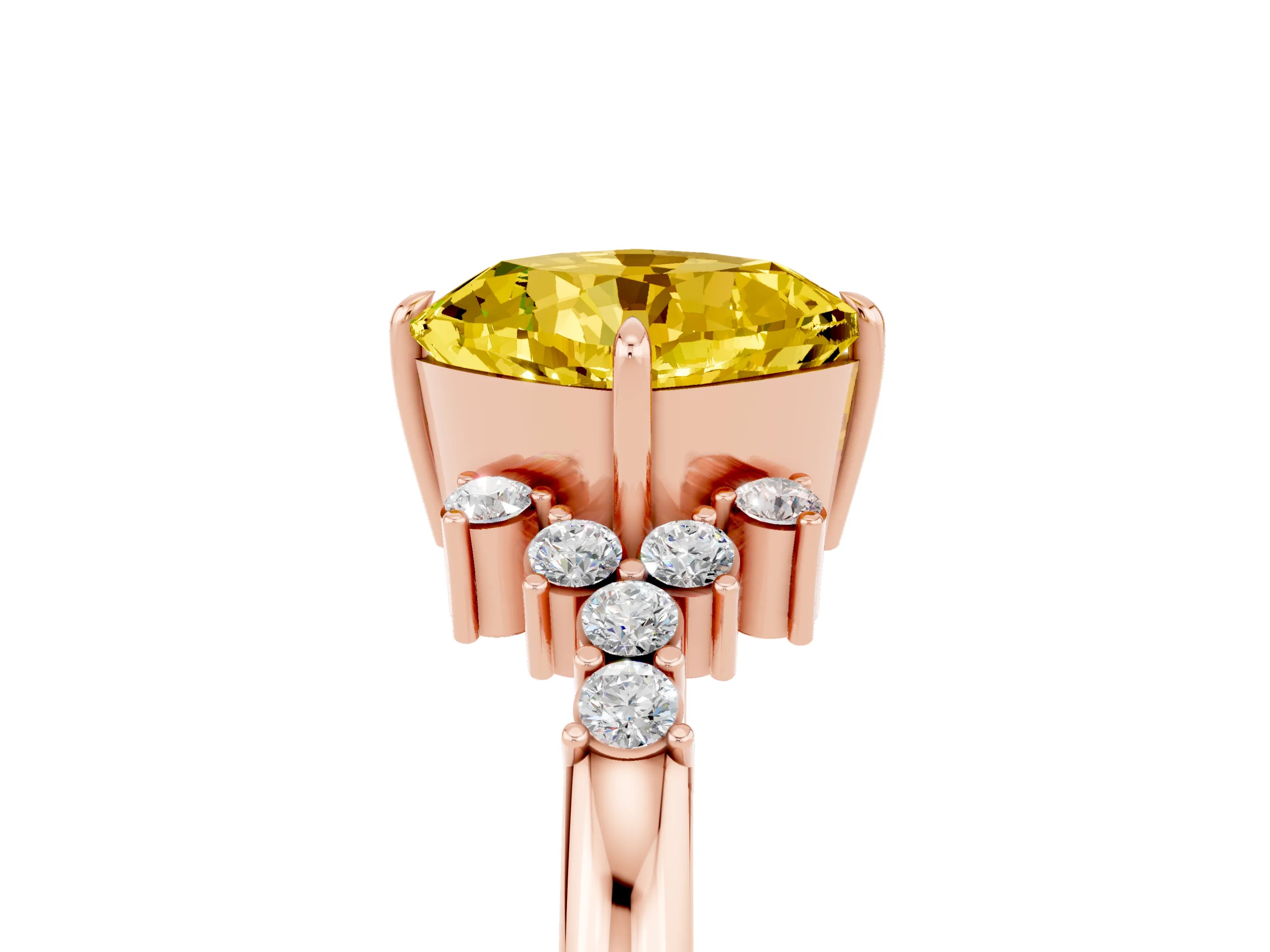 Rose gold Cushion Cut Yellow Sapphire Ring with Side Stones and Four-Prong Setting_65