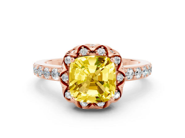 Rose gold Cushion Cut Yellow Sapphire Scalloped Halo Engagement Ring with Round Shared Prong Band