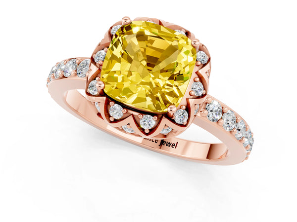 Rose gold Cushion Cut Yellow Sapphire Scalloped Halo Engagement Ring with Round Shared Prong Band