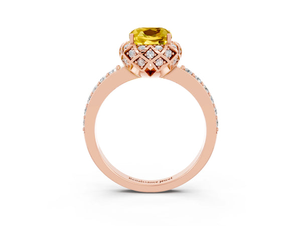 Rose gold Cushion Cut Yellow Sapphire Scalloped Halo Engagement Ring with Round Shared Prong Band