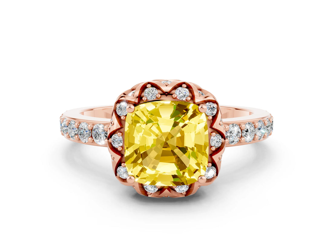 Rose gold Cushion Cut Yellow Sapphire Scalloped Halo Engagement Ring with Round Shared Prong Band_24