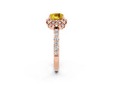 Rose gold Cushion Cut Yellow Sapphire Scalloped Halo Engagement Ring with Round Shared Prong Band_26
