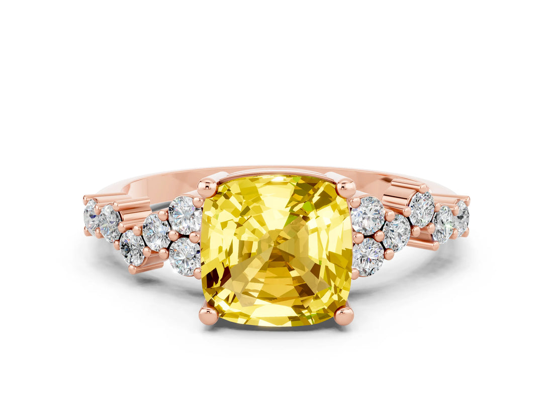 Rose gold Cushion Cut Yellow Sapphire Scattered Round Accent Ring with Prong Setting_24