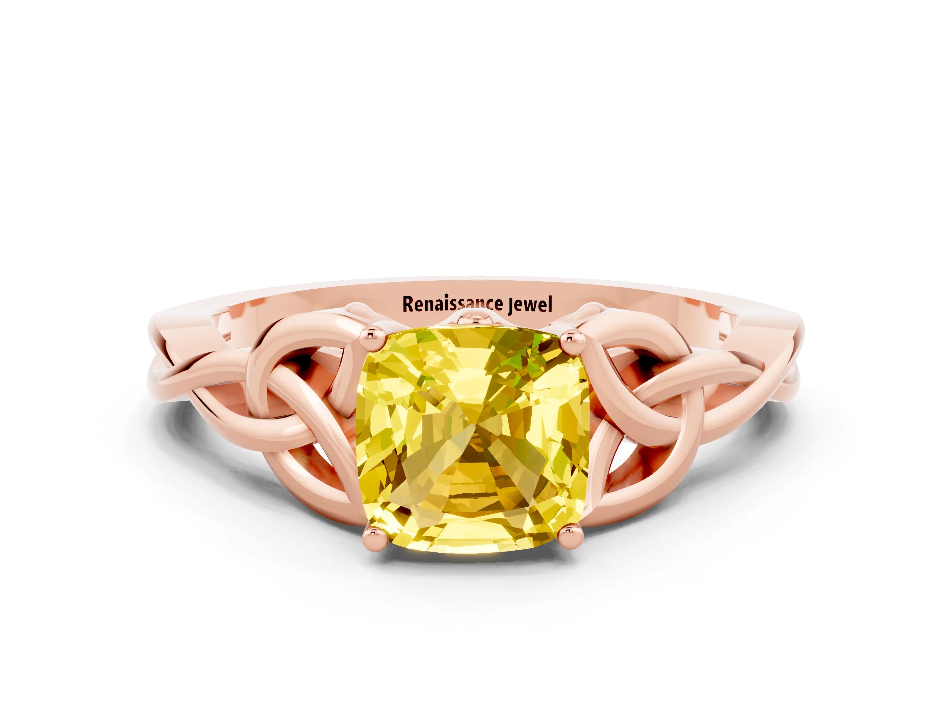 Rose gold Cushion Cut Yellow Sapphire Solitaire Celtic Knot Ring with Four-Prong Setting_24