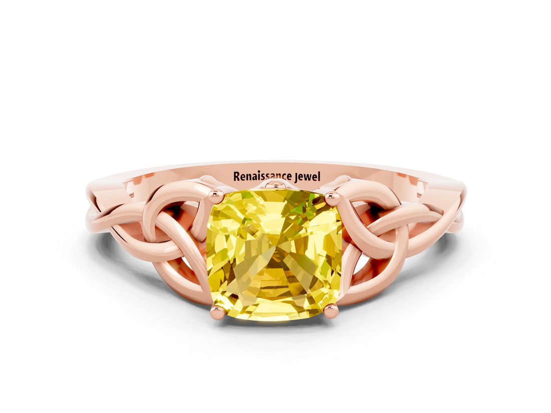 Rose gold Cushion Cut Yellow Sapphire Solitaire Celtic Knot Ring with Four-Prong Setting_24