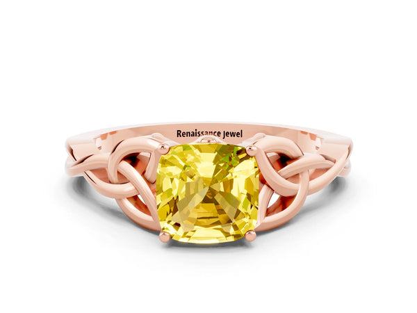 Rose gold Cushion Cut Yellow Sapphire Solitaire Celtic Knot Ring with Four-Prong Setting