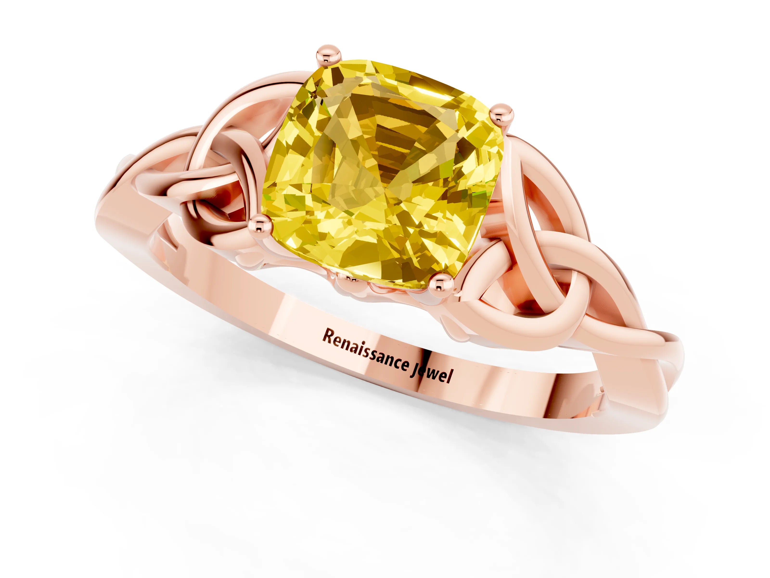 Rose gold Cushion Cut Yellow Sapphire Solitaire Celtic Knot Ring with Four-Prong Setting_25