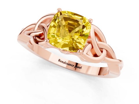 Rose gold Cushion Cut Yellow Sapphire Solitaire Celtic Knot Ring with Four-Prong Setting_25
