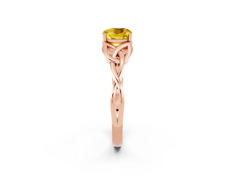 Rose gold Cushion Cut Yellow Sapphire Solitaire Celtic Knot Ring with Four-Prong Setting_26