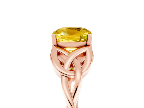 Rose gold Cushion Cut Yellow Sapphire Solitaire Celtic Knot Ring with Four-Prong Setting_29