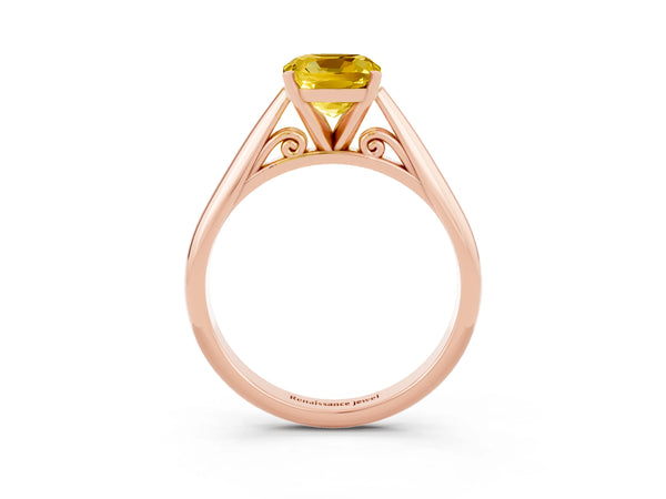 Rose gold Cushion Cut Yellow Sapphire Solitaire Engagement Ring with Cathedral Setting and Four-Prong Mount