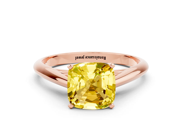 Rose gold Cushion Cut Yellow Sapphire Solitaire Engagement Ring with Cathedral Setting and Four-Prong Mount
