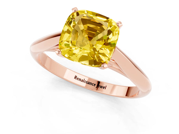 Rose gold Cushion Cut Yellow Sapphire Solitaire Engagement Ring with Cathedral Setting and Four-Prong Mount