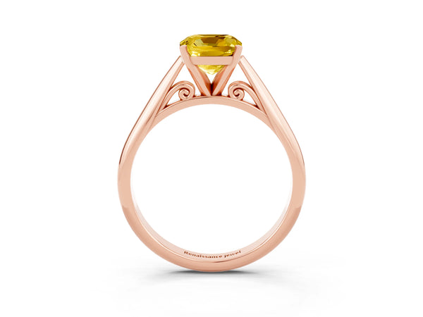 Rose gold Cushion Cut Yellow Sapphire Solitaire Engagement Ring with Cathedral Setting and Four-Prong Mount