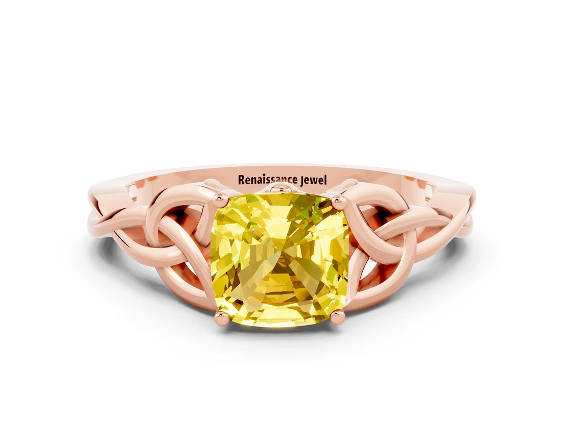 Rose gold Cushion Cut Yellow Sapphire Solitaire Engagement Ring with Celtic Knot Band and Four-Prong Setting_24