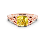 Rose gold Cushion Cut Yellow Sapphire Solitaire Engagement Ring with Celtic Knot Band and Four-Prong Setting_24