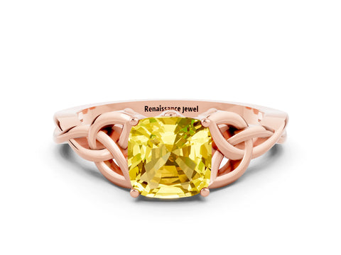 Rose gold Cushion Cut Yellow Sapphire Solitaire Engagement Ring with Celtic Knot Band and Four-Prong Setting_24