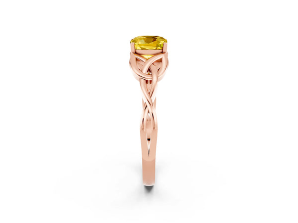 Rose gold Cushion Cut Yellow Sapphire Solitaire Engagement Ring with Celtic Knot Band and Four-Prong Setting