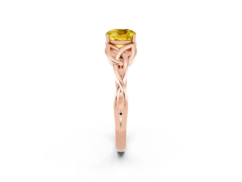 Rose gold Cushion Cut Yellow Sapphire Solitaire Engagement Ring with Celtic Knot Band and Four-Prong Setting_26