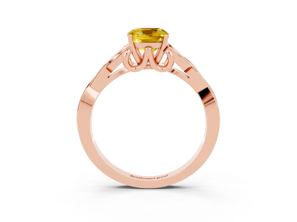 Rose gold Cushion Cut Yellow Sapphire Solitaire Engagement Ring with Celtic Knot Band and Four-Prong Setting