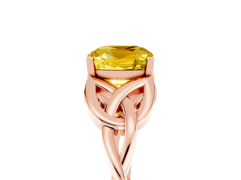 Rose gold Cushion Cut Yellow Sapphire Solitaire Engagement Ring with Celtic Knot Band and Four-Prong Setting_29